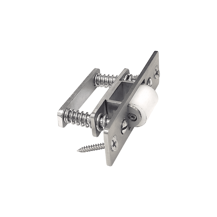 The Prima Decorative Hardware solid brass heavy duty roller catch features a white plastic wheel, two mounting plates, and screws. Shown on a white background, this silent latch is ideal for holding cabinet or closet doors closed.