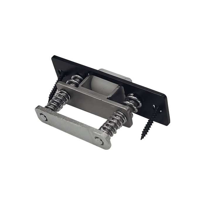 The Prima Decorative Hardware Silent Roller Latch features metal and plastic construction, a black mounting plate, two springs, and two screws for secure, quiet closure on doors or cabinets.