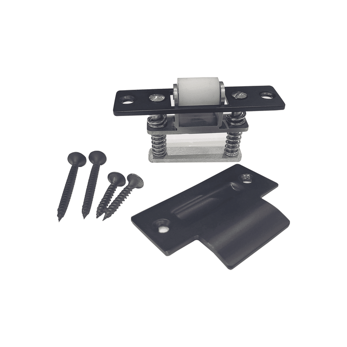 Prima Decorative Hardware solid brass heavy duty door roller catch set with adjustable silent roller latch, black metal strike plate, and four screws, all shown on a white background.
