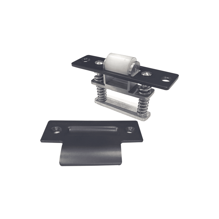 Two black metal latch components by Prima Decorative Hardware: an adjustable door catch with a silent roller latch, two springs, and a flat strike plate, all shown against a white background.