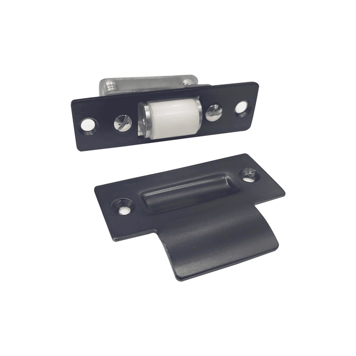 Two black metal Prima Decorative Hardware door pieces on a white background: one is a Silent Roller Latch with a white cylinder and two screw holes, the other is a matching rectangular plate with a raised, curved section and two screw holes.