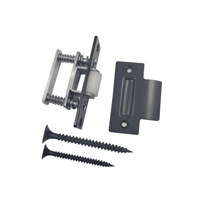 Prima Decorative Hardware’s door catch hardware set includes a solid brass heavy-duty spring-loaded roller catch, a strike plate, and two black screws, all displayed on a white background.