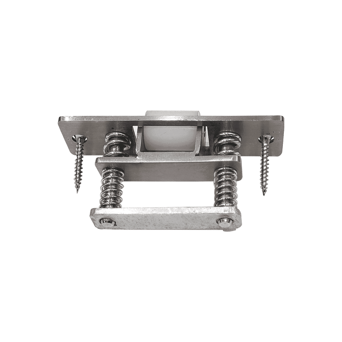 Prima Decorative Hardware Solid Brass Heavy Duty component with Silent Roller Latch, two coiled springs, rectangular plate, two screws, and central white plastic roller, shown against a white background.