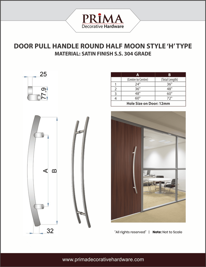 Door Pull Handle Round Half Moon Style 18" Single Side Stainless Steel