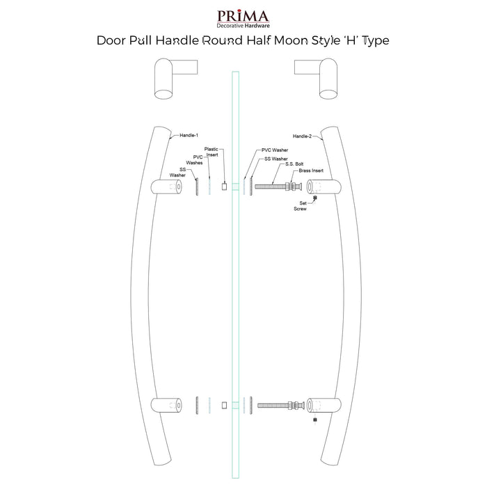 Door Pull Handle Round Half Moon Style ‘H’ Type - 60" Satin