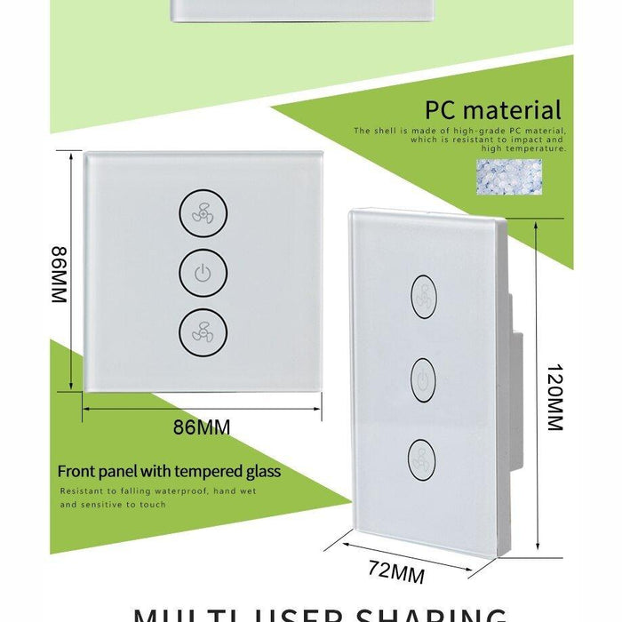 EU US WiFi Smart Fan Motor Speed Controller Glass Panel Wall Touch Switch Timer Remote Control Smart Life Tuya Alexa Google Home.