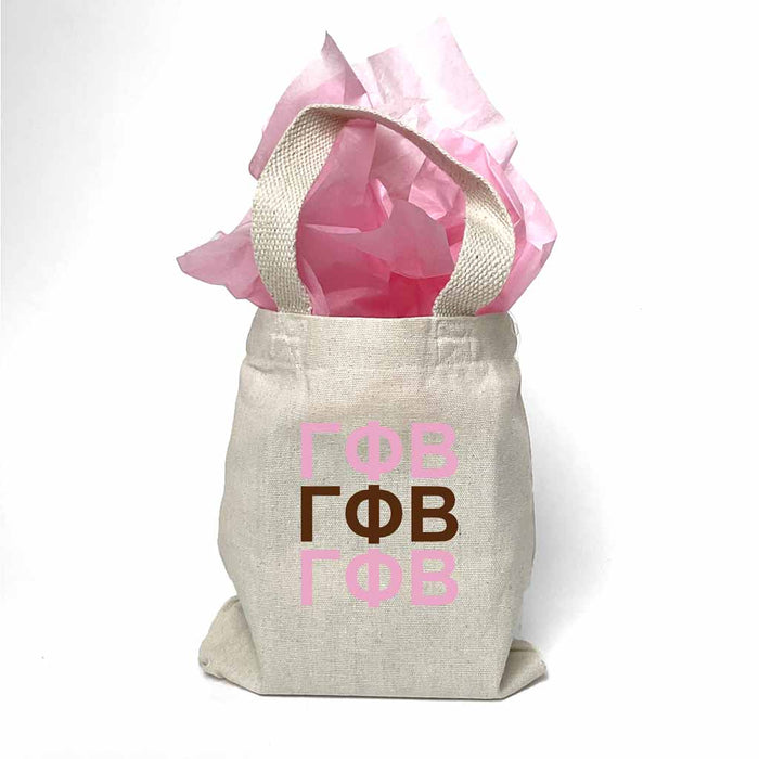 Sorority greek letters printed in sorority colors on natural canvas mini tote gift bag.