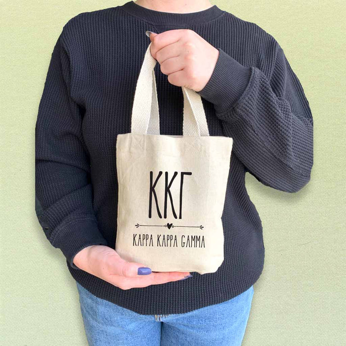 Kappa Kappa Gamma sorority name boho design digitally printed on the perfect mini size natural canvas tote bag