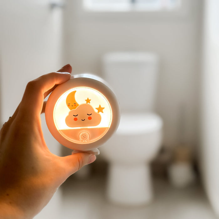 Linked Lighting light on in hand, showing placement in front of toilet