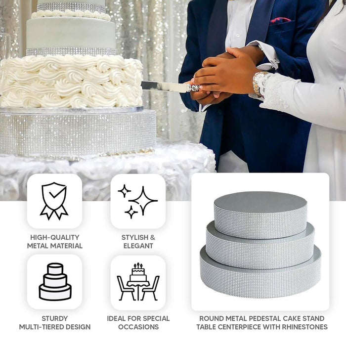 Round metal pedestal cake stand with rhinestones, perfect for special occasions.