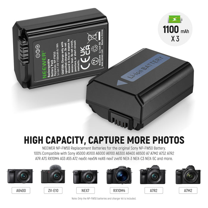 NEEWER 3 Pack Replacement Battery and Charger Set for Sony NP-FW50