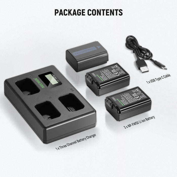 NEEWER 3 Pack Replacement Battery and Charger Set for Sony NP-FW50