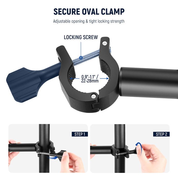 The oval clamp can fasten on a desk stand with security.