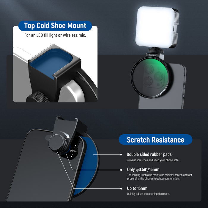 The integrated cold shoe of the phone clip can attach an LED video light