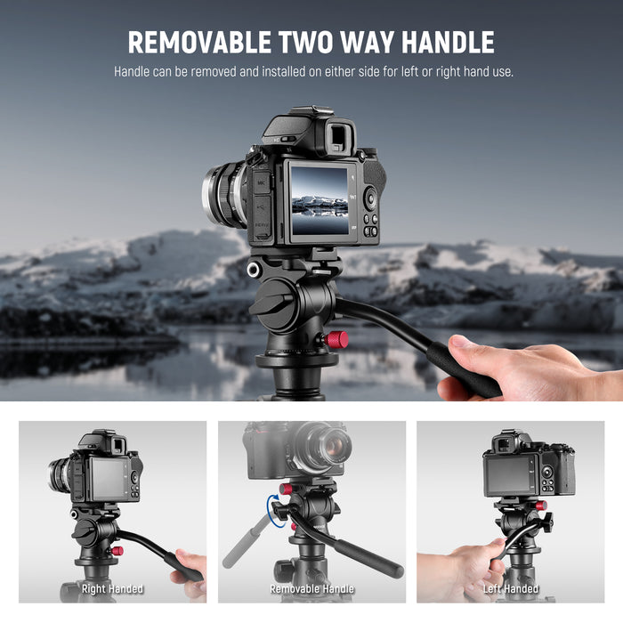 The 7.3" handle can be installed on either side of the fluid head