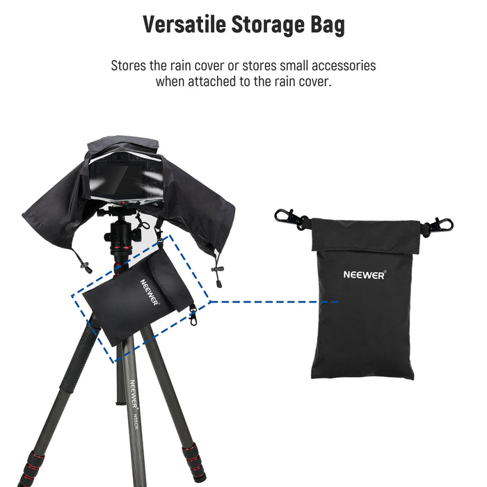 Stores the rain cover or stores small accessories when attached to the rain cover.