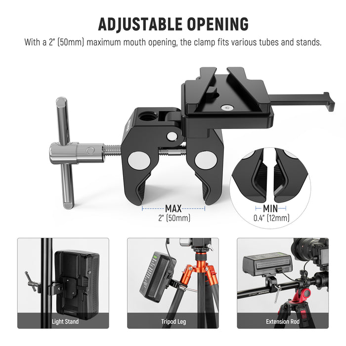 With a 50mm maximum opening, the V-shaped clamp fits various tubes and stands.