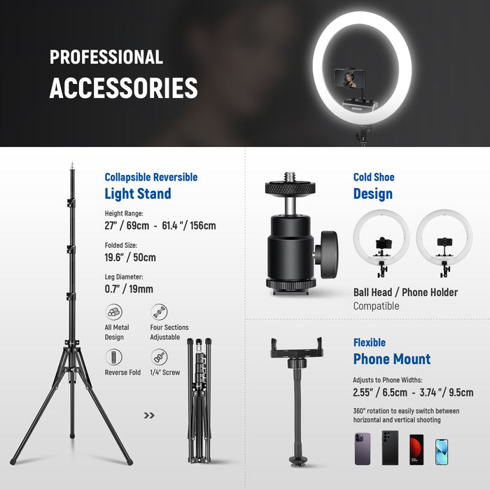 Accessories of the NEEWER RP18B Pro Ring Light Kit
