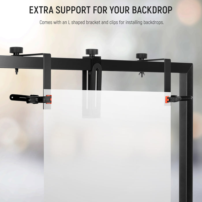 Two L shaped brackets and clips allow you to attach a backdrop
