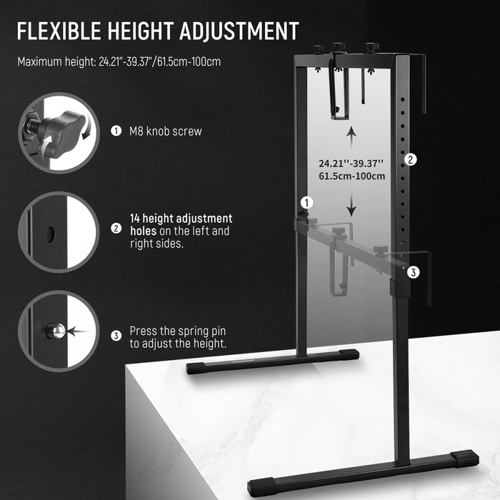 Via spring loaded pins and M8 screws, you can easily adjust the height