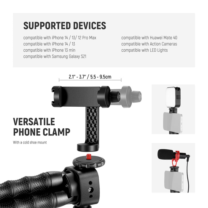 NEEWER T91 Flexible Phone Tripod with Two Magic Arms Kit includes a phone clamp.