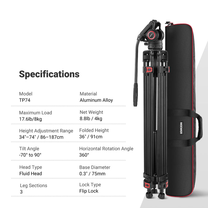 NEEWER TP74 74" Pro Video Tripod with Fluid Head
