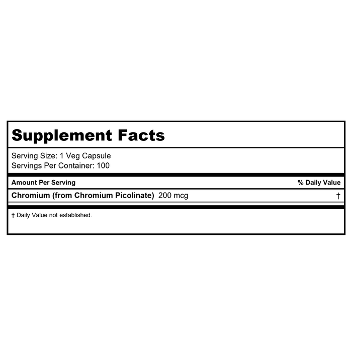 Now Foods Chromium Picolinate 200 mcg 100 Vcaps - 1420 - 2 Pack - Supplement Facts panel