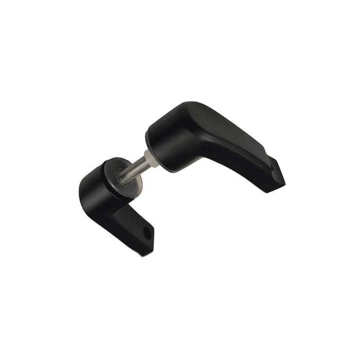 The Prima Decorative Hardware black adjustable clamping lever with a stainless steel 304 threaded bolt and dual handles is shown angled on a white background, perfect for ladder pull handle or offset mount mid-post applications.
