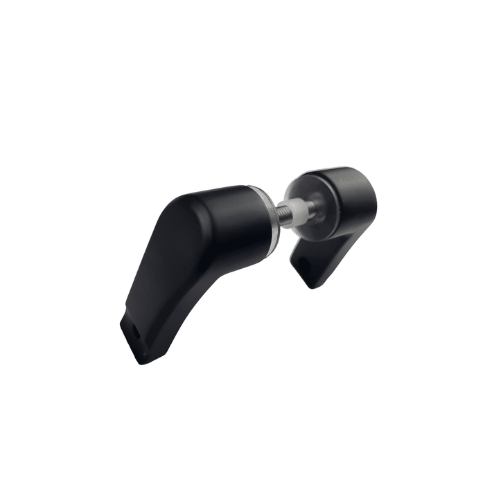 A pair of black, L-shaped door handles from Prima Decorative Hardware, connected by a silver stainless steel 304 spindle, displayed on a white background. The modern design is both stylish and ergonomic.