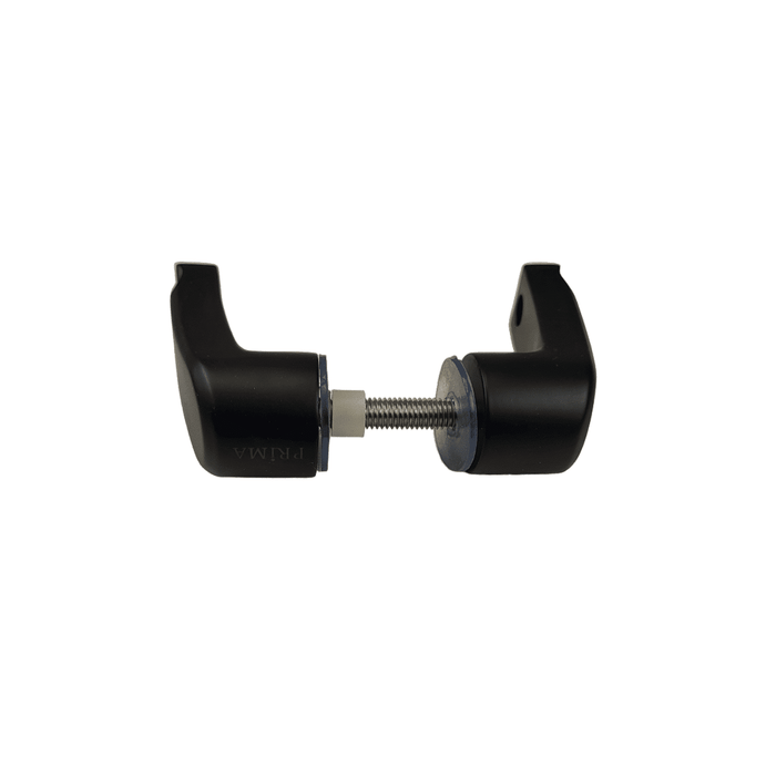 The Prima Decorative Hardware black door stopper features two curved ends and a central metal screw, crafted from durable stainless steel 304, displayed against a plain white background.