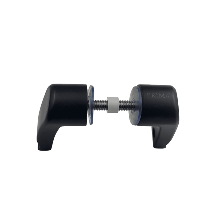 A close-up of two black plastic ladder pull handles by Prima Decorative Hardware, connected by a central metal screw and washer and engraved with "PRIMA" on the right handle, set against a white background.