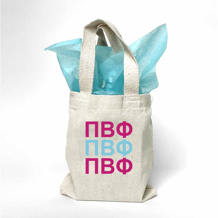Sorority greek letters printed in sorority colors on natural canvas mini tote gift bag.