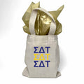 Sorority greek letters printed in sorority colors on natural canvas mini tote gift bag.