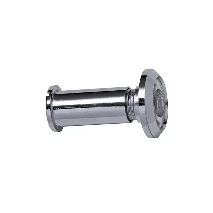 The Prima Decorative Hardware silver solid metal door viewer, or peephole, has a cylindrical body and wide plastic lenses at one end, displayed on a plain white background.
