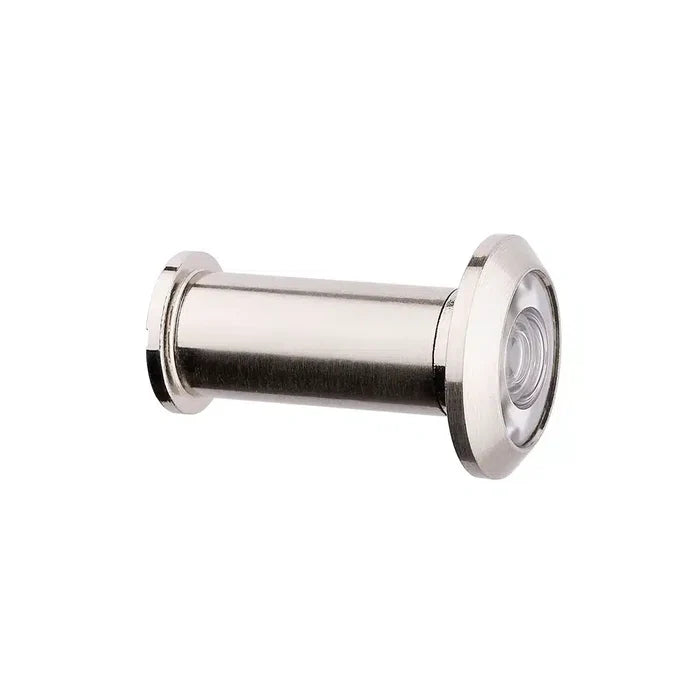 A Prima Decorative Hardware metal door peephole viewer with plastic lenses, circular lens, and cylindrical body is shown on a white background.
