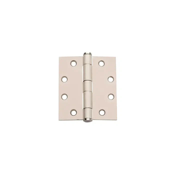 A Taymor Industries silver metal full mortise hinge with six screw holes per side, shown on a white background. ANSI/BHMA A156.1 compliant and suitable for both machine and wood screws.