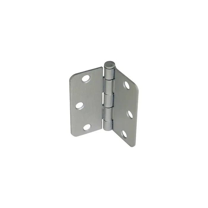 A Taymor Industries silver 4" x 4" metal door hinge with three screw holes per side, partially open and standing upright against a plain white background. Ships from Canada.
