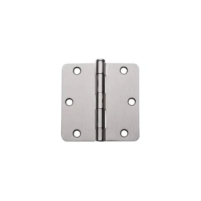 A Taymor Industries silver metal door hinge with three knuckles and six screw holes, shown on a white background. Suitable for 3/4″ screws and ships from Canada.