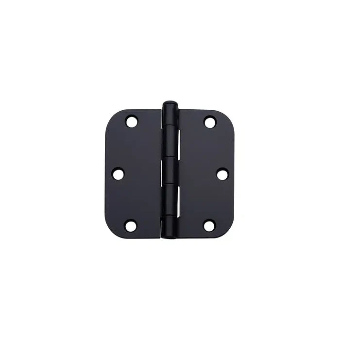 A Taymor Industries black metal door hinge with six screw holes (three per side) and rounded corners, shown on a plain white background. Suitable for installation with hinge screws or 3/4″ screws.