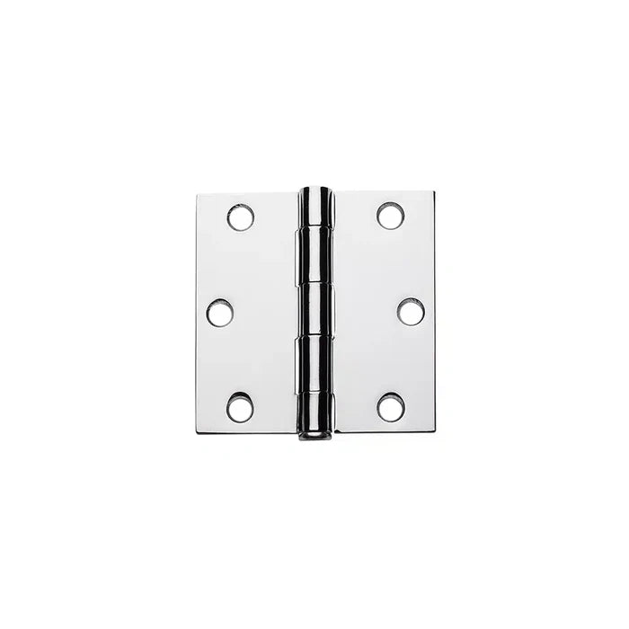 A shiny Taymor Industries metal door hinge with six screw holes—three per side for hinge or 3/4″ screws—and a central pin, displayed against a plain white background.
