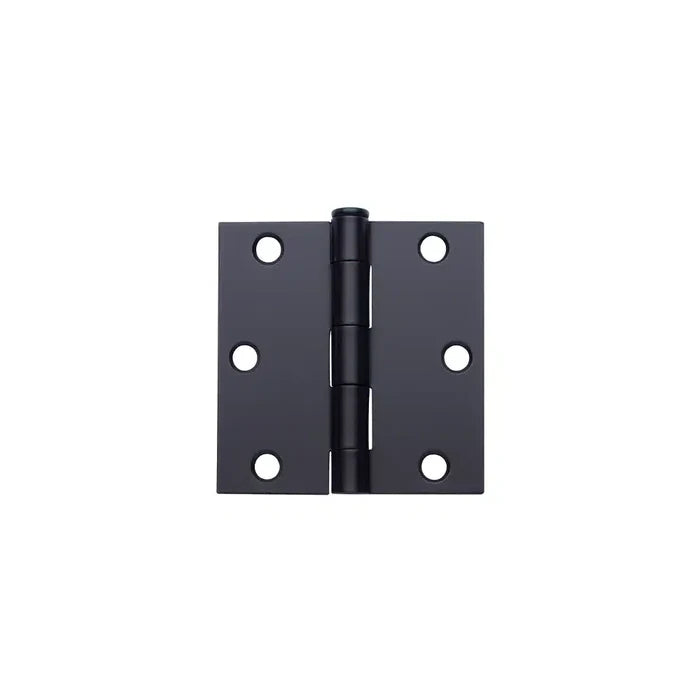 A black metal door hinge by Taymor Industries with three screw holes per side, shown on a white background. For secure installation, use compatible hinge screws or 3/4″ screws. Ships from Canada.