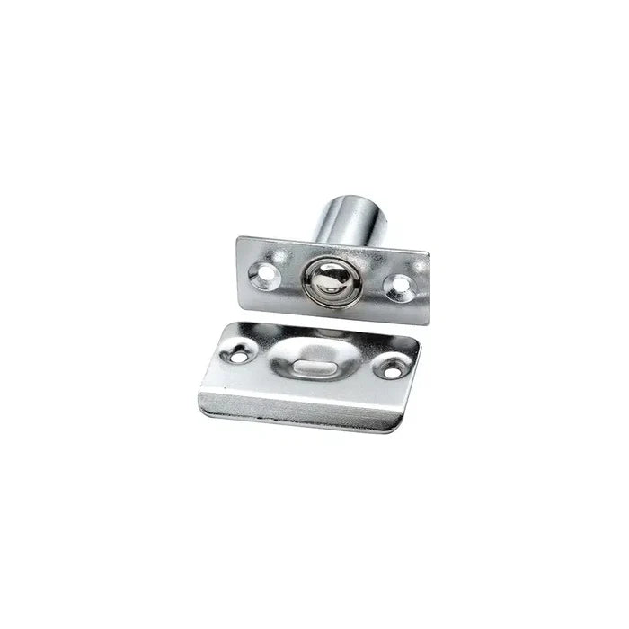 A Taymor Industries metal ball catch latch features a zinc die-cast body, rectangular mounting plate, and stamped steel strike plate with screw holes for securing cabinet or closet doors.