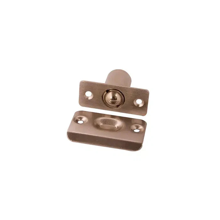 The Taymor Industries metal ball catch latch features a zinc die-cast body, rectangular mounting plate, and stamped steel strike plate—all in brushed nickel—suitable for cabinet or closet doors.