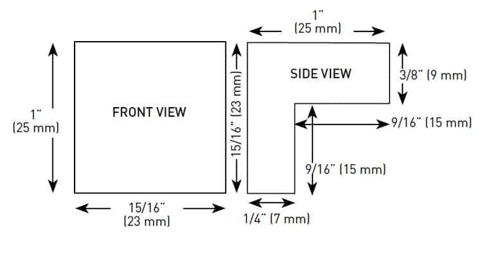 Diagram displaying the front and side views of a Taymor Industries Zinc Die-Cast L-shaped piece, labeled with dimensions: 1" width and height, plus marked lengths of 15/16", 9/16", 1/4", and 3/8".