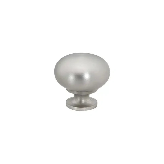 Taymor Industries brushed nickel cabinet knob with a modern design, smooth domed top, short cylindrical base, and durable zinc die-cast construction, shown against a white background.