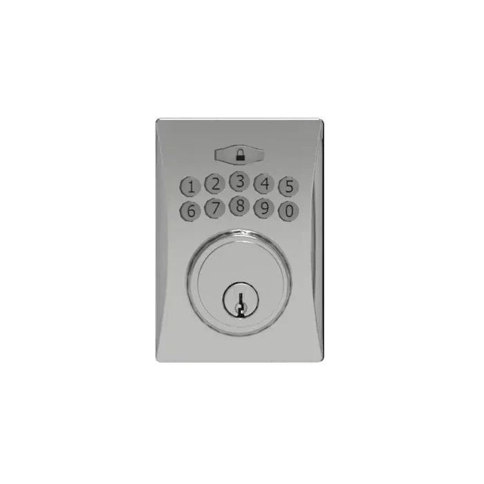 The Taymor Industries silver keyless door lock features a numeric keypad (buttons 0-9), a top lock/unlock button, a keyhole below the keypad, and comes with a universal latch for easy installation.