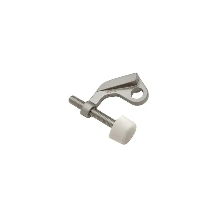 A Taymor Industries zinc die-cast screw with a curved bracket and white plastic cap, ideal for adjustable door opening angles, isolated on a white background.