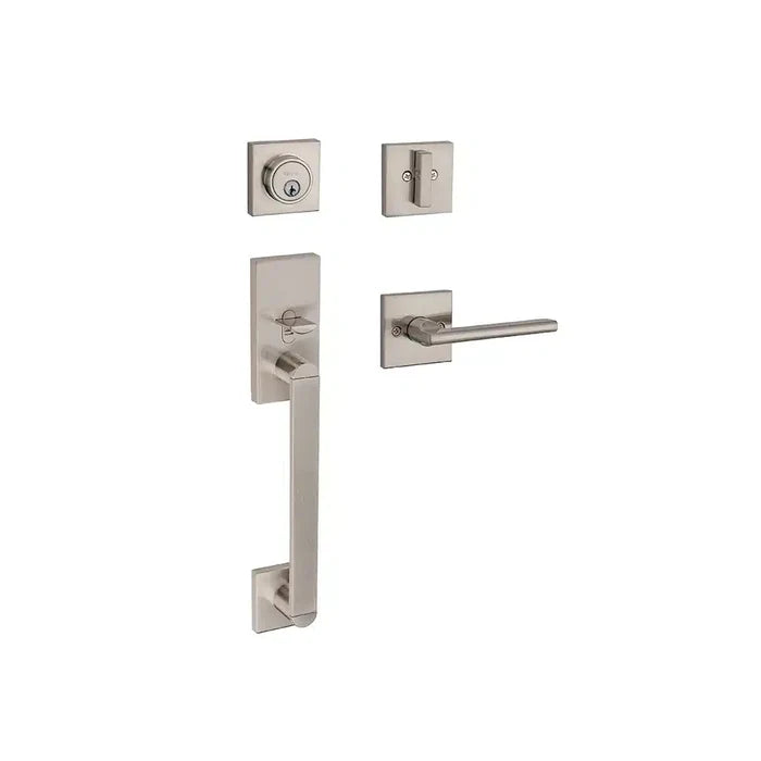 The Taymor Industries satin nickel front door handleset features a universal 6-in-1 latches deadbolt, matching angular handle, and modern horizontal lever, all shown separately on a white background.