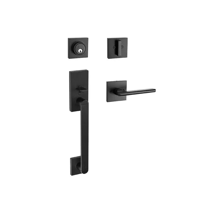 Taymor Industries black modern door handle set features a long rectangular handle, reversible lock, universal 6-in-1 latch deadbolt, square backplates, and matching interior lever—shown on a white background.