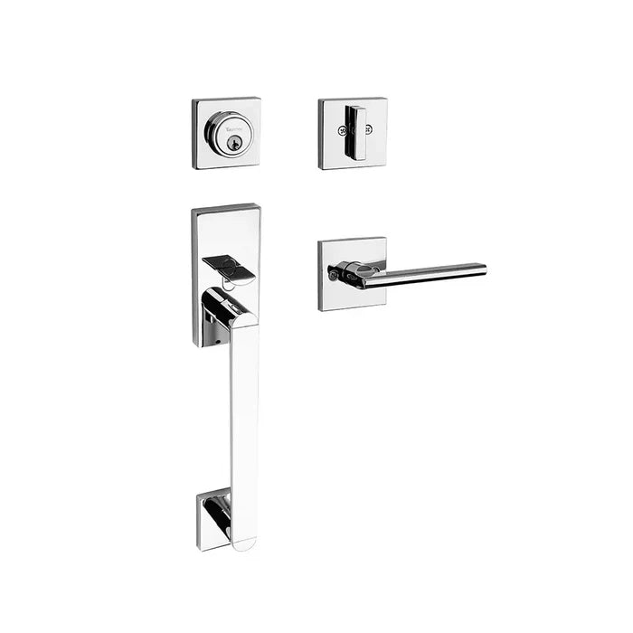 The Taymor Industries chrome handleset features a rectangular lever handle, matching backplates, square deadbolt lock with universal 6-in-1 latches, shiny metallic finish, and a reversible lock for versatile installation.